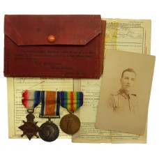 WW1 1914-15 Star Medal Trio with Original Documents and Photo - Pte. J. Wood, 18th Hussars