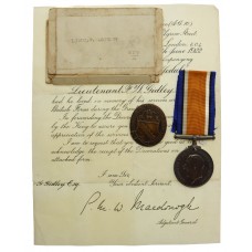 WW1 British War Medal with Box of Issue and Transmittal Document - Lieut. F.W. Gidley, 1/4th Bn. Essex Regiment - K.I.A., 27/3/17