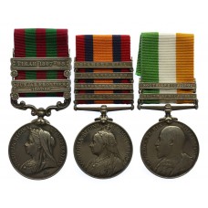 1895 IGS (Clasps - Punjab Frontier 1897-98, Tirah 1897-98), QSA (4 Clasps) and KSA (2 Clasps) Medal Group of Three - Pte. J. Trickett, Derbyshire Regiment (Sherwood Foresters)