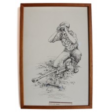 Original Framed Pen and Ink Drawing of a Popski's Private Army Soldier with a Boyes Anti-Tank Rifle