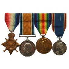 WW1 1914-15 Star, British War Medal, Victory Medal and 1937 Coronation Medal Group of Four - Leading Mech. A.T. Bowhill, Royal Naval Air Service and City of London Police