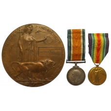 WW1 River Tigris Casualty British War Medal, Victory Medal and Memorial Plaque - Pte. A. Hughes, 1st/4th Bn. Hampshire Regiment - K.I.A. 23/2/17