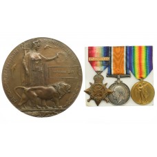 WW1 First Battle of Ypres Casualty 1914 Mons Star Medal Trio and Memorial Plaque - Pte. R. Day, 1st Bn. Gloucestershire Regiment