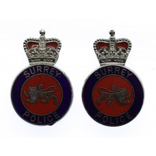 Pair of Surrey Police Enamelled Collar Badges - Queen's Crown