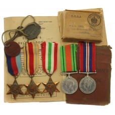 WW2 Medal Group of Five with Box of Issue, Dog Tags Soldier's Service and Pay Book and Soldier's Release Book - S.Sgt. W. Hirst, Royal Army Service Corps