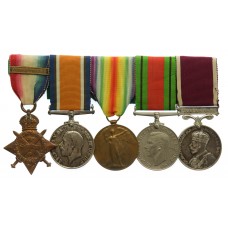 WW1 1914 Mons Star, British War Medal, Victory Medal, WW2 Defence Medal and LS&GC Medal Group of Five - Bmbr. W. Leslie, Royal Artillery and Corps of Military Police