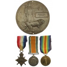 WW1 1914-15 Star, British War Medal, Victory Medal and Memorial Plaque - Gnr. A. Lindsay, Royal Field Artillery - K.I.A. 20/5/18