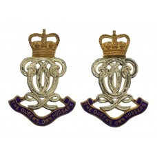 Pair of Queen's Own Hussars Officer's Silvered, Gilt & Enamel Collar Badges