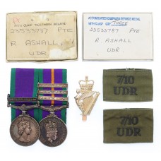 Scarce 1962 General Service Medal (Clasp - Northern Ireland) and Accumulated Campaign Service Medal (with 3 Clasps) Pair with Medallion, Badges, Boxes, Certificates, Etc. - Pte. R. Ashall, 7th / 10th (City of Belfast) Bn. Ulster Defence Regiment