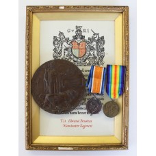 WW1 British War Medal, Victory Medal, Memorial Plaque (Death Penny) & Memorial Scroll - Lieut. E. Bouskill, 21st (6th City Pals) Bn. Manchester Regiment - K.I.A.