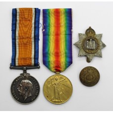 WW1 British War & Victory Medal Pair with Cap Badge & Button - Pte. T. Dewhurst, Devonshire Regiment