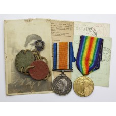 WW1 British War & Victory Medal Pair with Dog Tags and Postcards - Pte. E.J. Pratt, West Riding Regiment