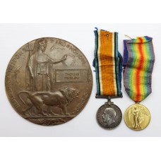 WW1 British War Medal, Victory Medal and Memorial Plaque - Pte. T. Findlow, 1st Bn. South Wales Borderers - K.I.A.