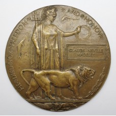 WW1 Memorial Plaque (Death Penny) - 2nd Lieutenant Claude Neville Madeley, Royal Flying Corps - K.I.A.