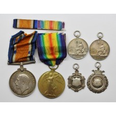 WW1 British War & Victory Medal Pair with 4 Hallmarked Silver Sporting Medallions - Pte. W.W. Blythe, Royal Army Medical Corps