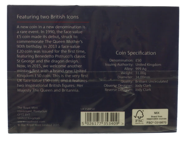 Royal Mint Britannia 2015 Brilliant Uncirculated UK £50 Fine Silver Coin