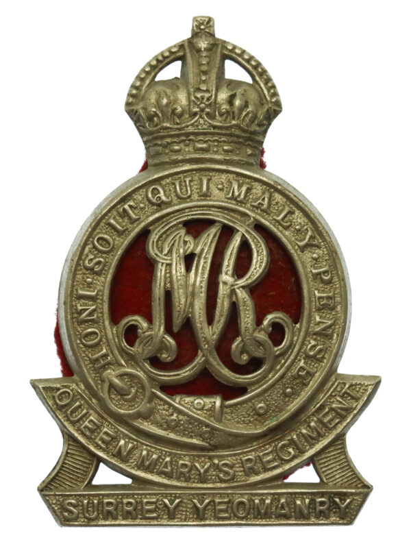 Surrey Yeomanry (Queen Mary's Regiment) White Metal Cap Badge - King's Crown