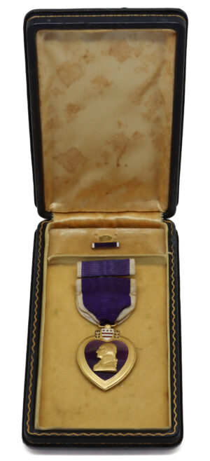 USA WW2 Issue Purple Heart in Box - Private William R. Bruner, Company C, 11th Armoured Infantry Battalion, 1st Armoured Division, US Army