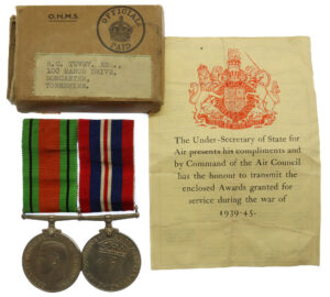 WW2 Defence and War Medal with Air Ministry Box and Entitlement Slip - B.C. Tuvey