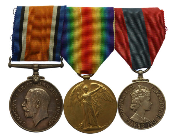 WW1 British War Medal, Victory Medal and Imperial Service Medal Group of Three - Pte. W.P. Davey, 10th Bn. East Kent Regiment - Wounded by Sergeant During Gun Demonstration