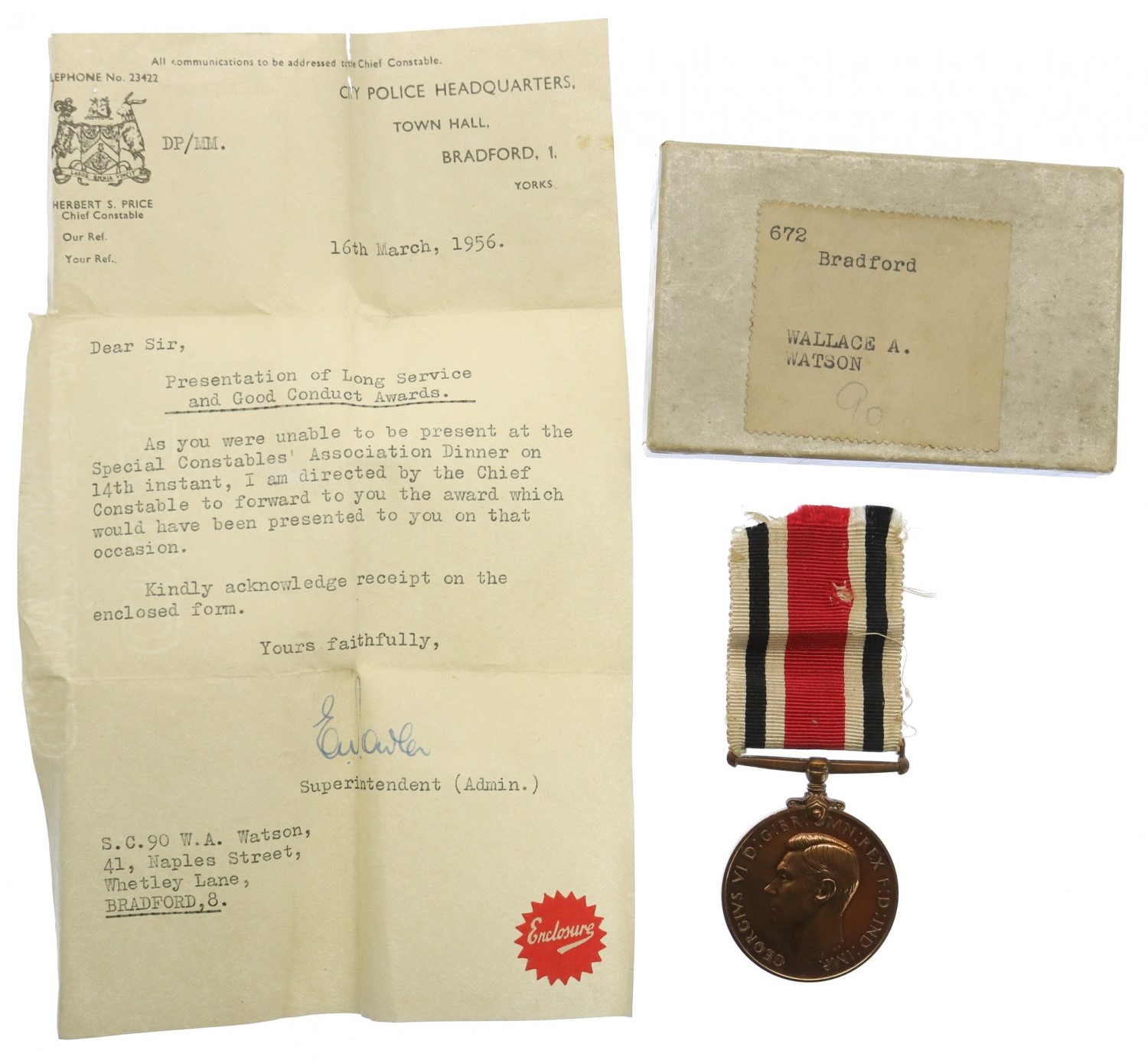 George VI Special Constabulary Long Service Medal in Box - Wallace A. Watson, Bradford Special Constabulary