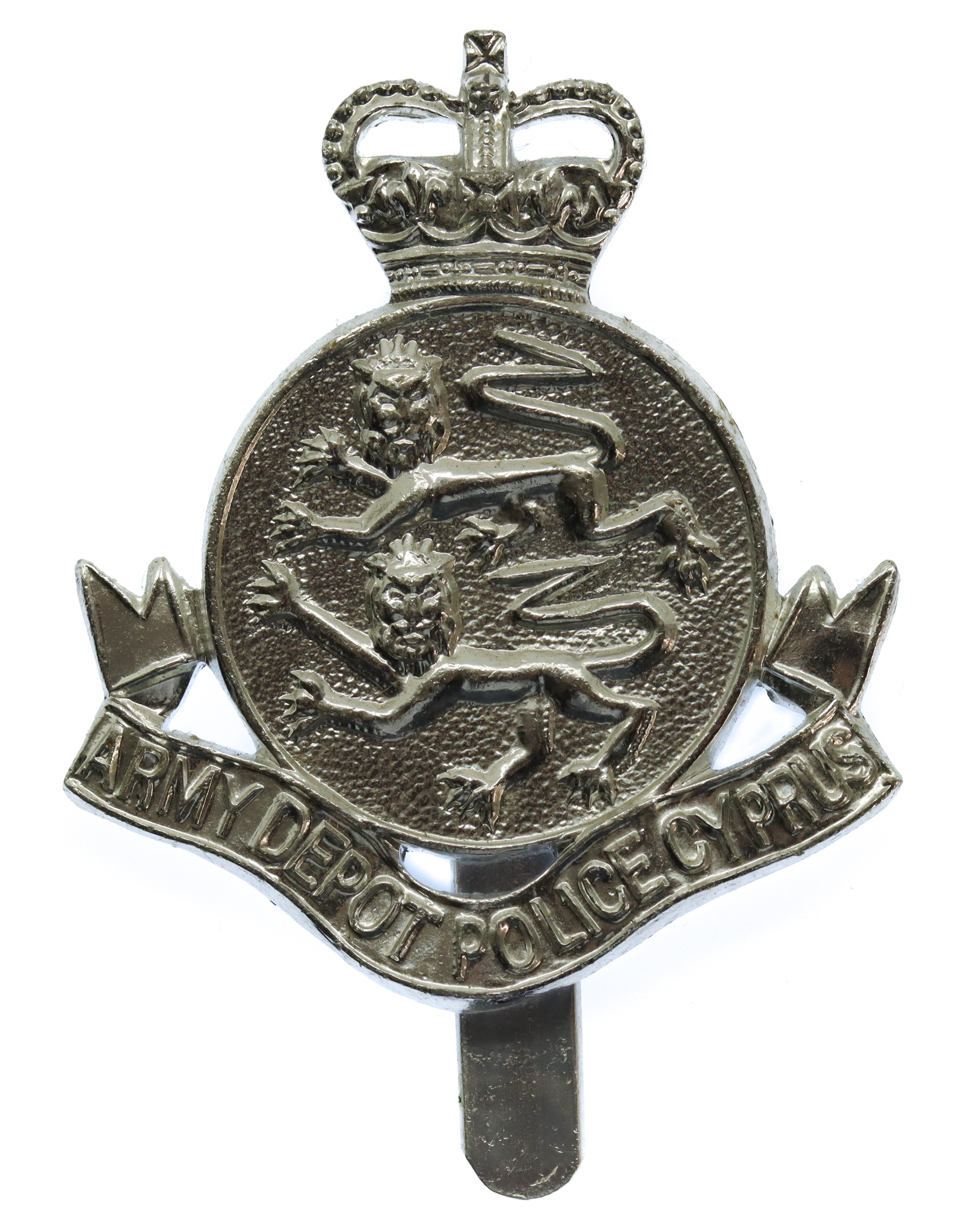 Army Depot Police Cyprus Anodised (Staybrite) Cap Badge - Queen's Crown