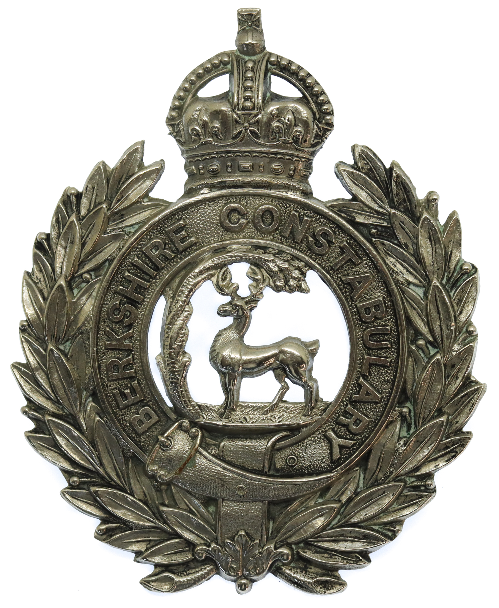Berkshire Constabulary White Metal Wreath Helmet Plate - King's Crown