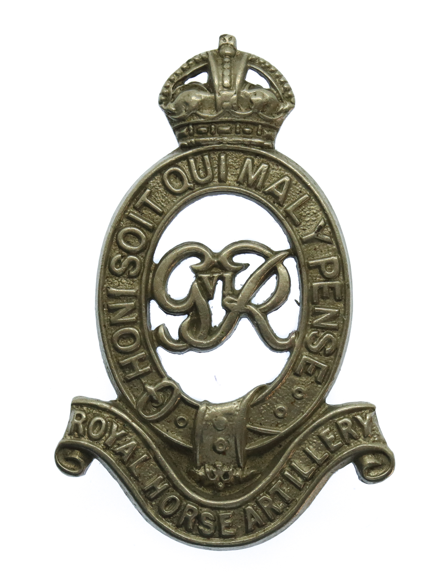 George VI Royal Horse Artillery (R.H.A.) White Metal Cap Badge