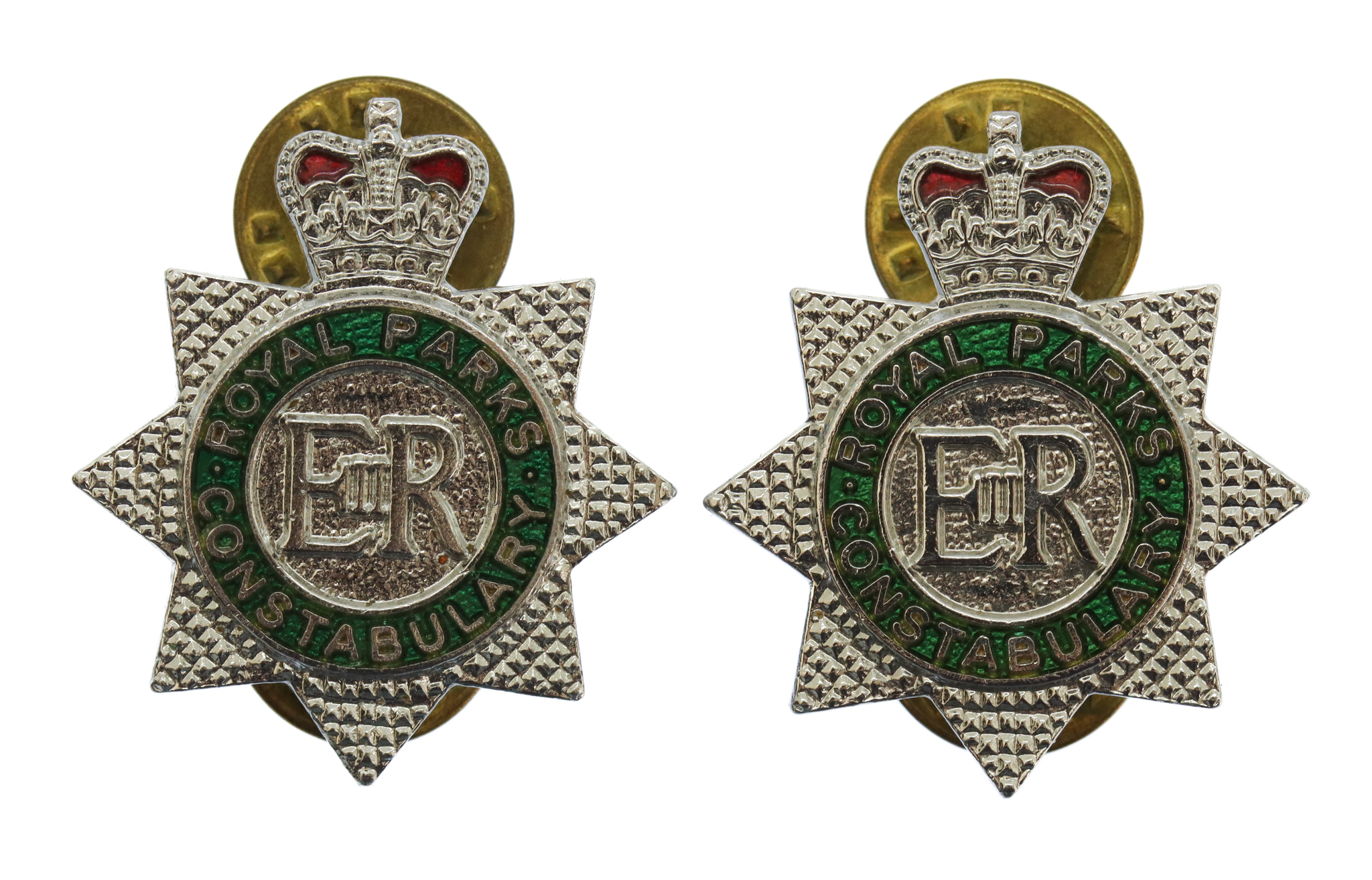 Pair of Royal Parks Constabulary Enamelled Collar Badges - Queen's Crown