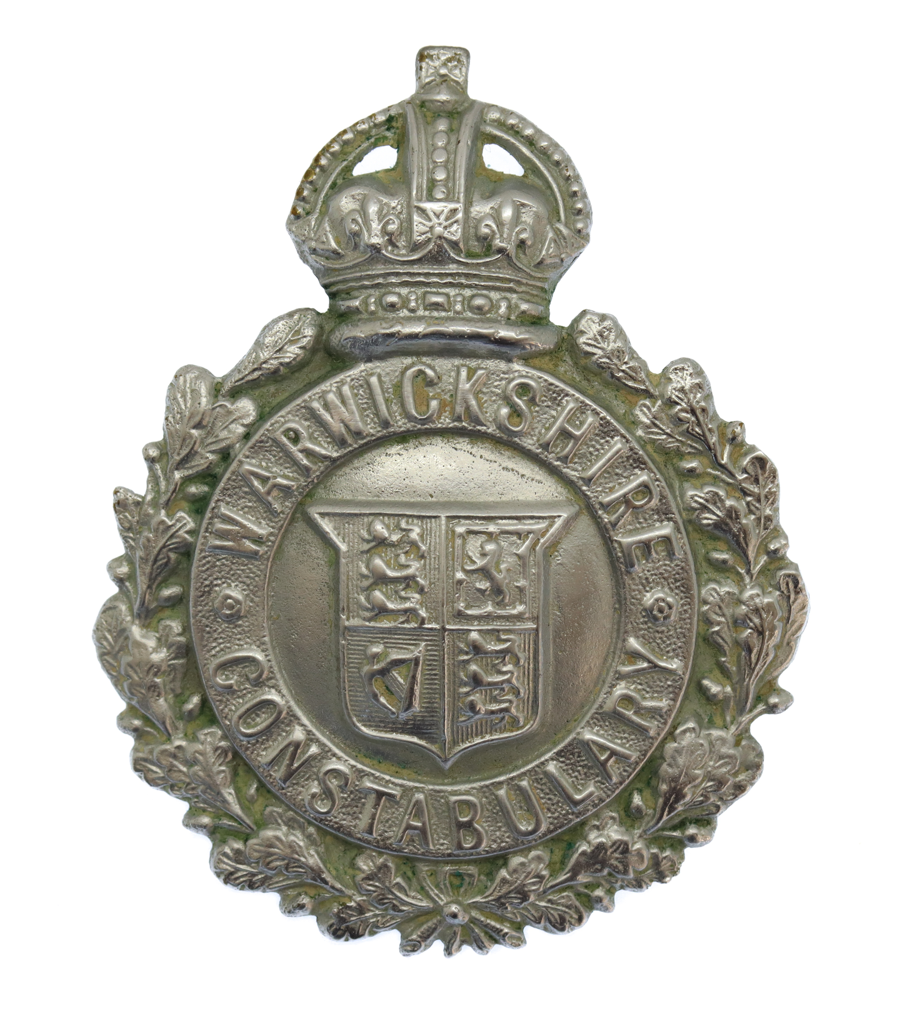 Warwickshire Constabulary Small Chrome Wreath Helmet Plate - King's Crown