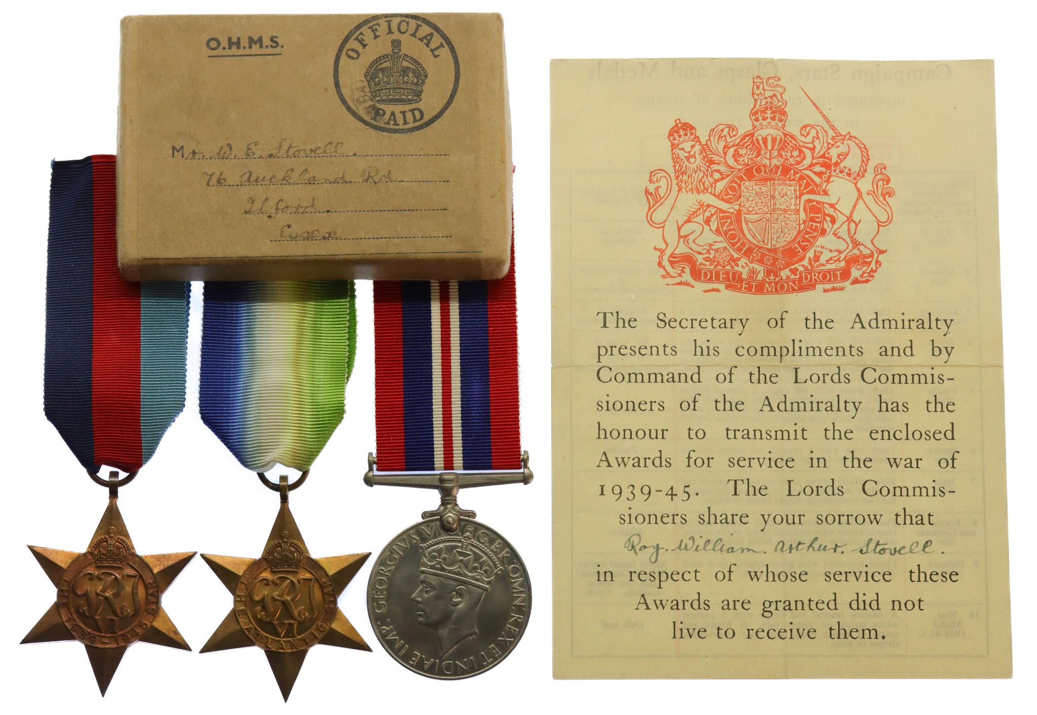 WW2 Casualty Medal Group - Ordinary Telegraphist R.W.A. Stovell, H.M.S. Cassandra, Royal Navy - K.I.A. 11/12/44