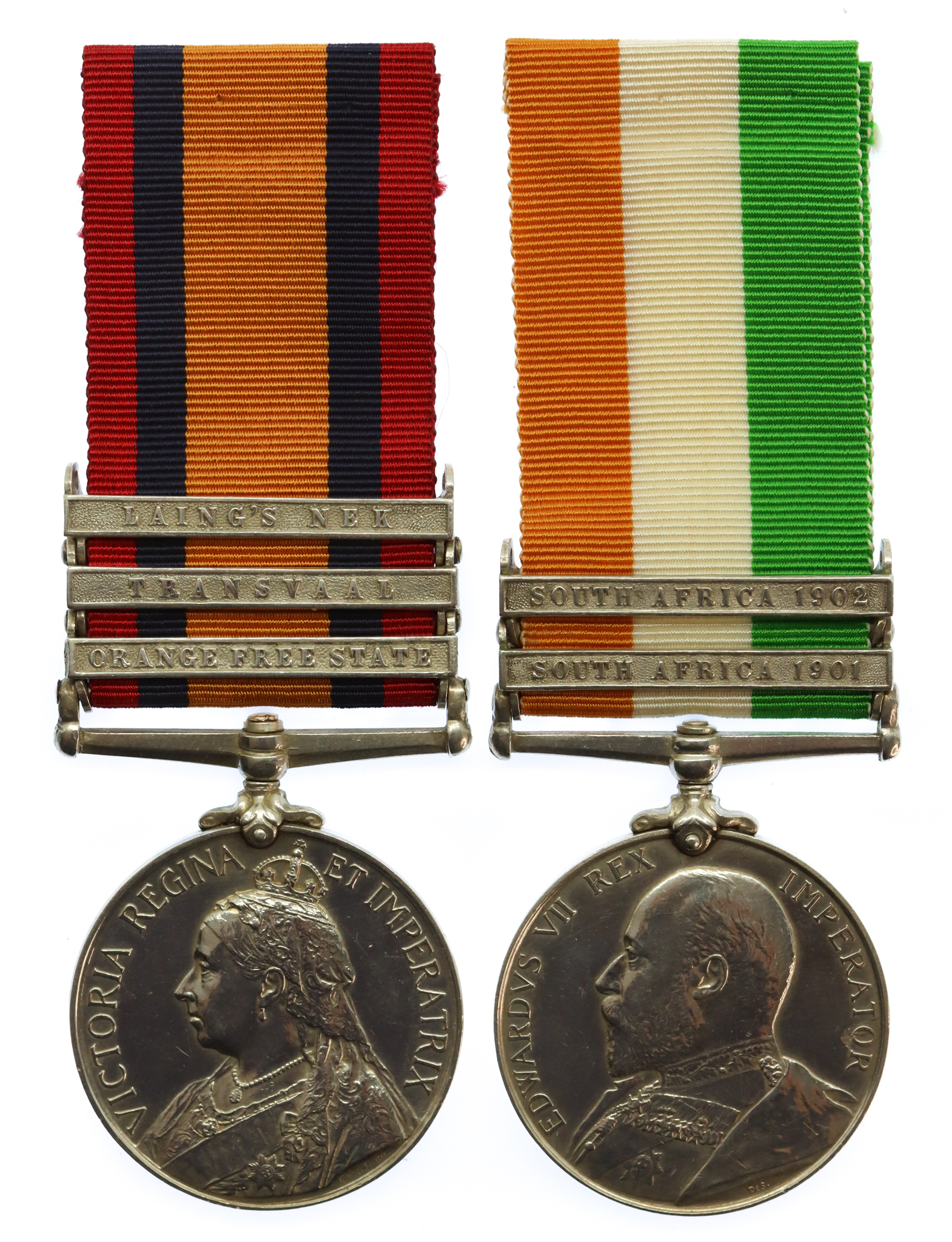 Queen's South Africa Medal (3 Clasps - Orange Free State, Transvaal, Laing's Nek) and King's South Africa Medal (2 Clasps - South Africa 1901, South Africa 1902) - Pte. J. Harris, South Lancashire Regiment