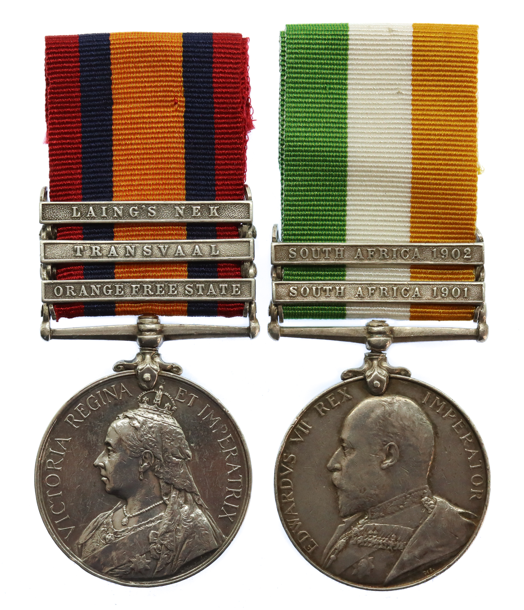 Queen's South Africa Medal (3 Clasps - Orange Free State, Transvaal, Laing's Nek) and King's South Africa Medal (2 Clasps - South Africa 1901, South Africa 1902) - Pte. D. Slyne, South Lancashire Regiment