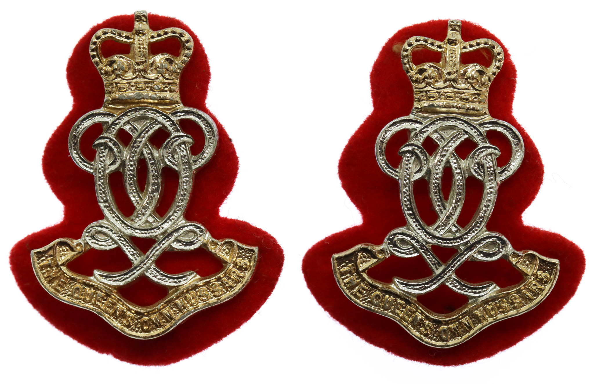 Pair of Queen's Own Hussars Anodised (Staybrite) Collar Badges