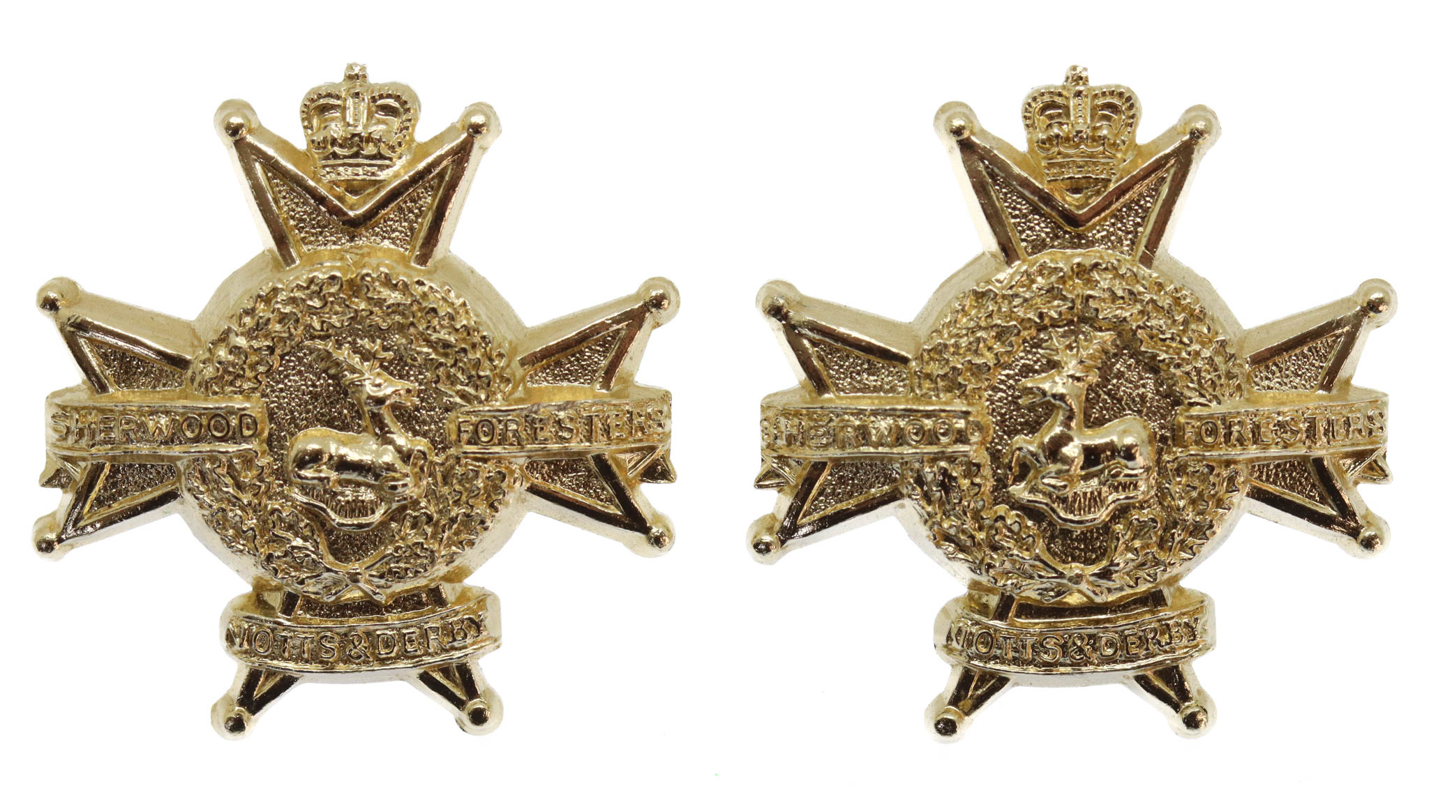 Pair of Sherwood Foresters (Notts & Derby Regiment) Anodised (Staybrite) Collar Badges