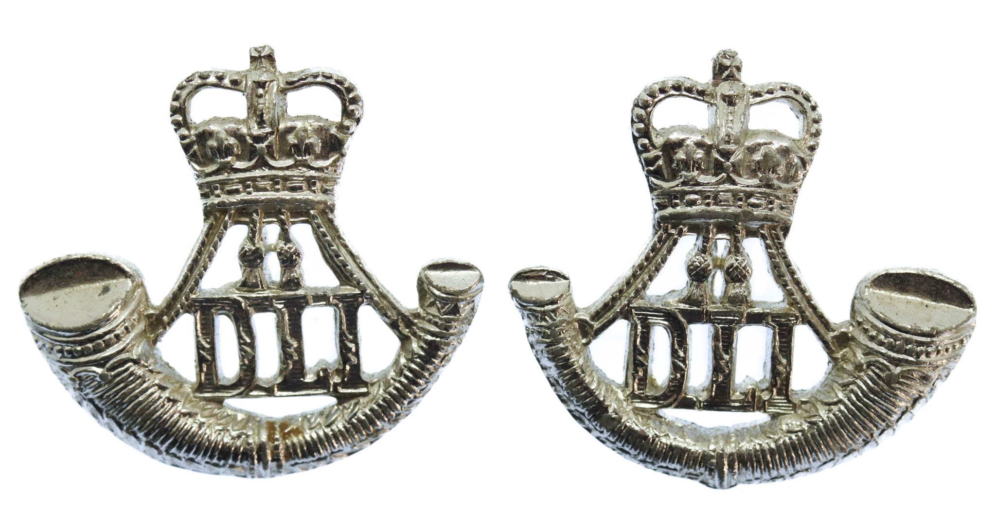 Pair of Durham Light Infantry (D.L.I.) Anodised (Staybrite) Collar Badges - Queen's Crown