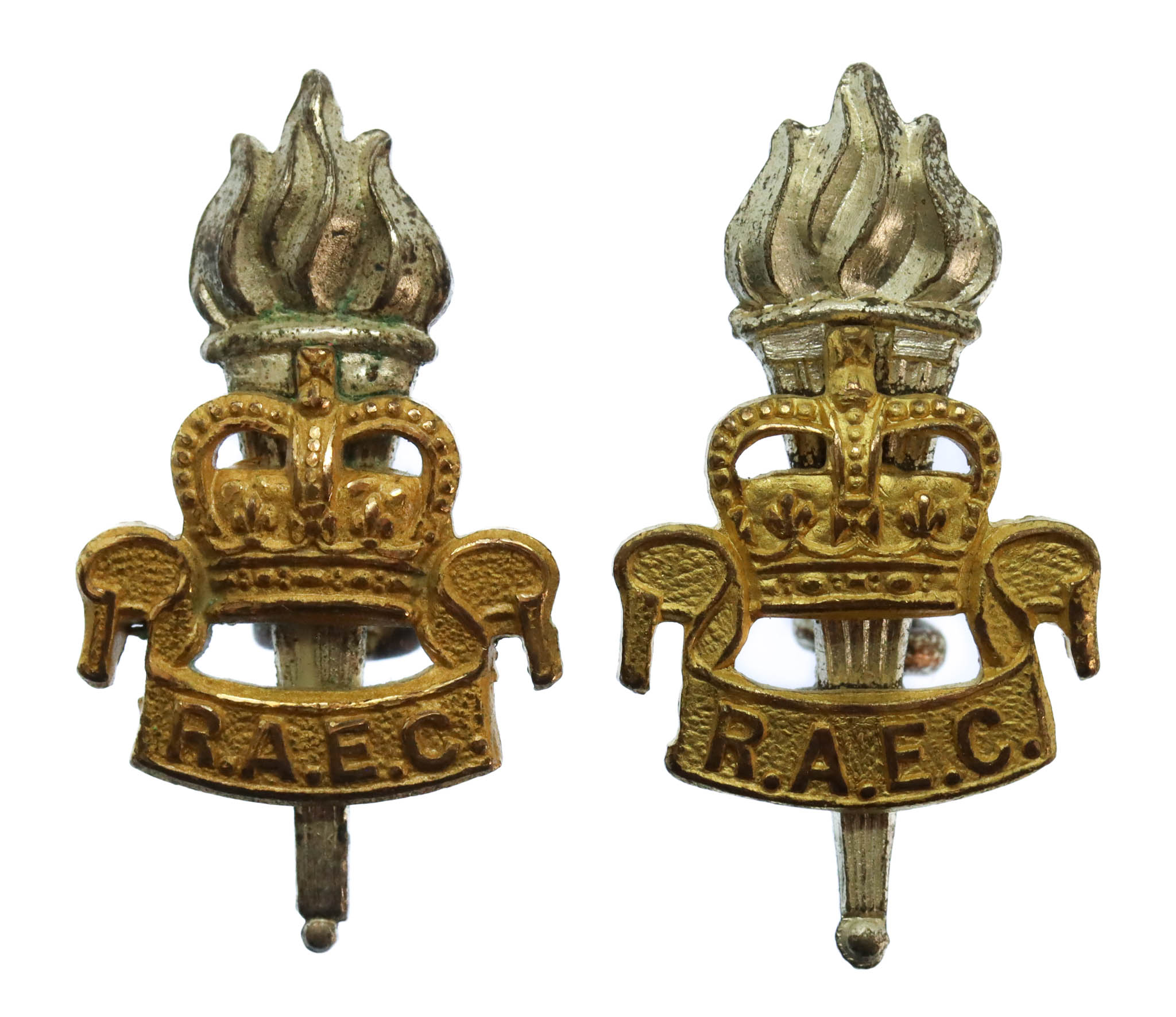 Pair of Royal Army Educational Corps (R.A.E.C.) Officer's Silvered & Gilt Collar Badges - Queen's Crown