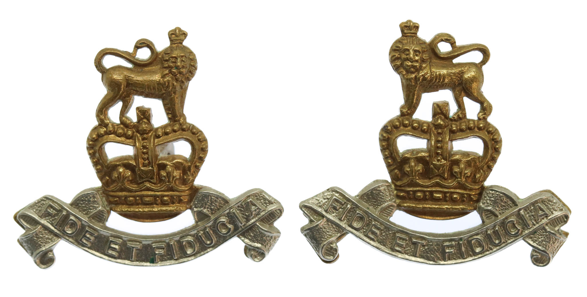 Pair of Royal Army Pay Corps (R.A.P.C.) Bi-Metal Collar Badges - Queen's Crown