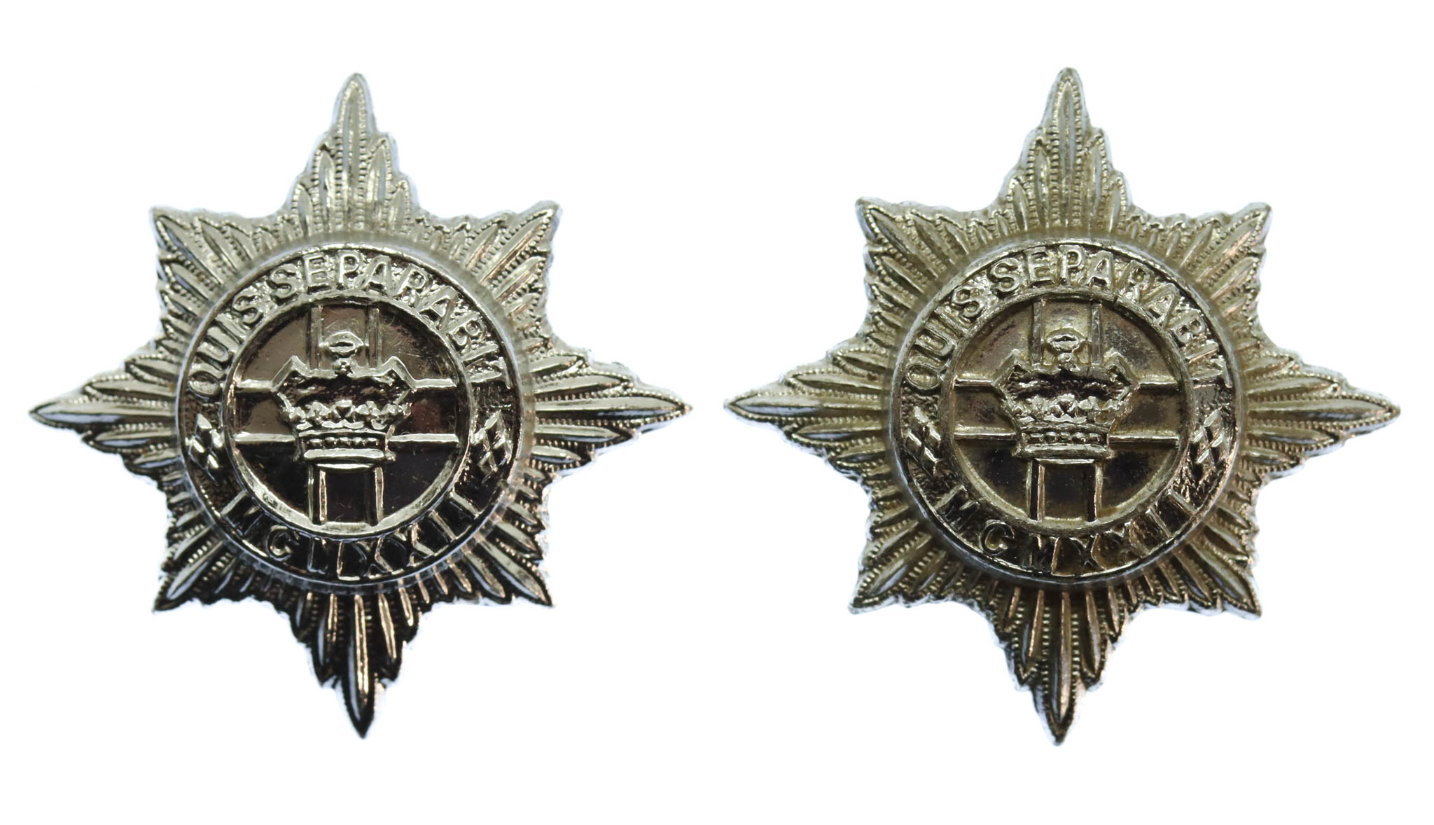 Pair of 4th/7th Royal Dragoon Guards Anodised (Staybrite) Collar Badges 