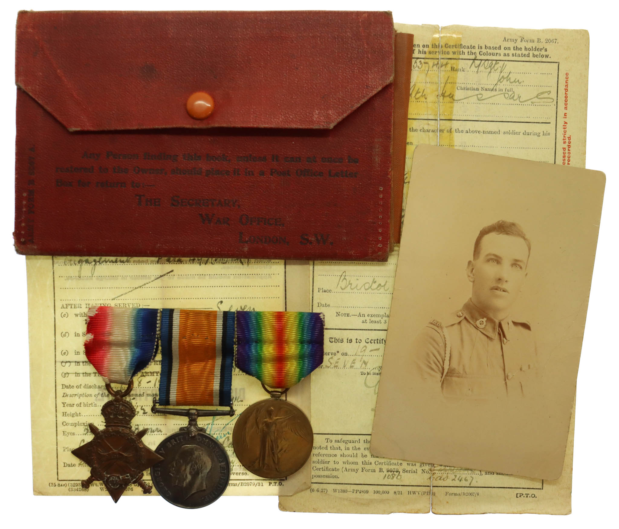 WW1 1914-15 Star Medal Trio with Original Documents and Photo - Pte. J. Wood, 18th Hussars