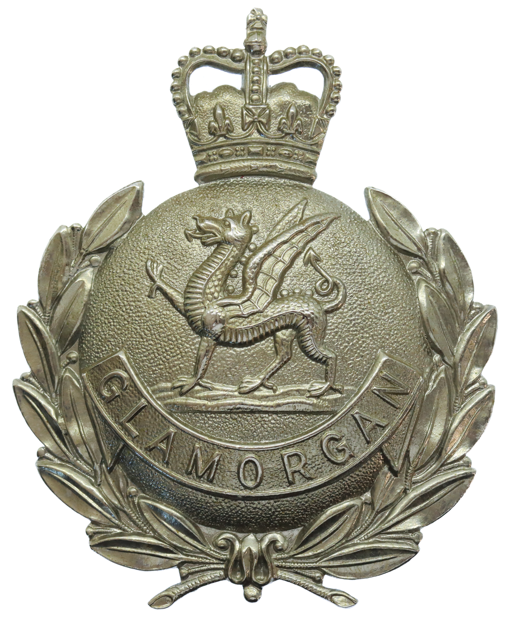 Glamorgan Constabulary Chrome Wreath Helmet Plate - Queen's Crown