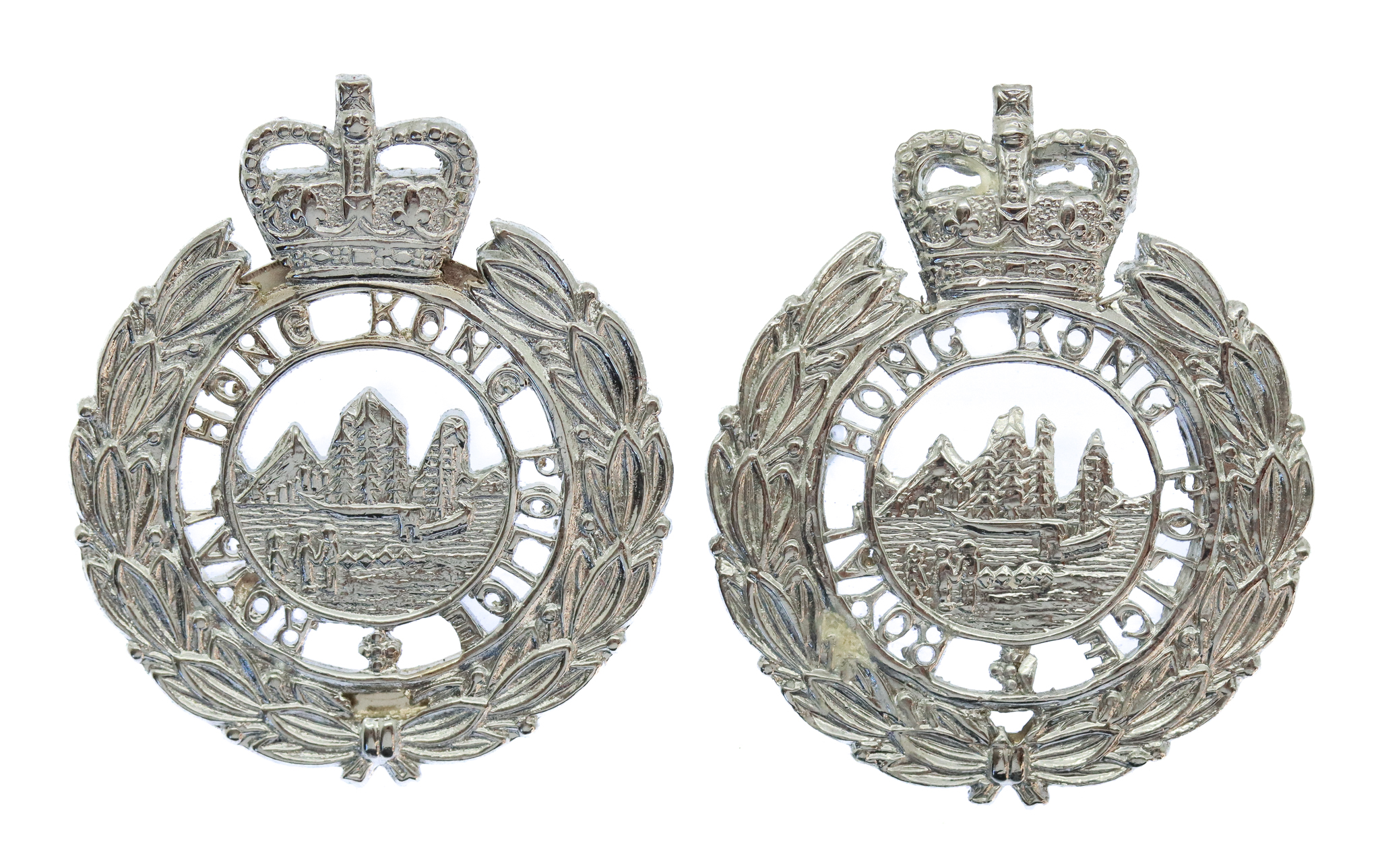 Pair of Royal Hong Kong Police Collar Badges - Queen's Crown