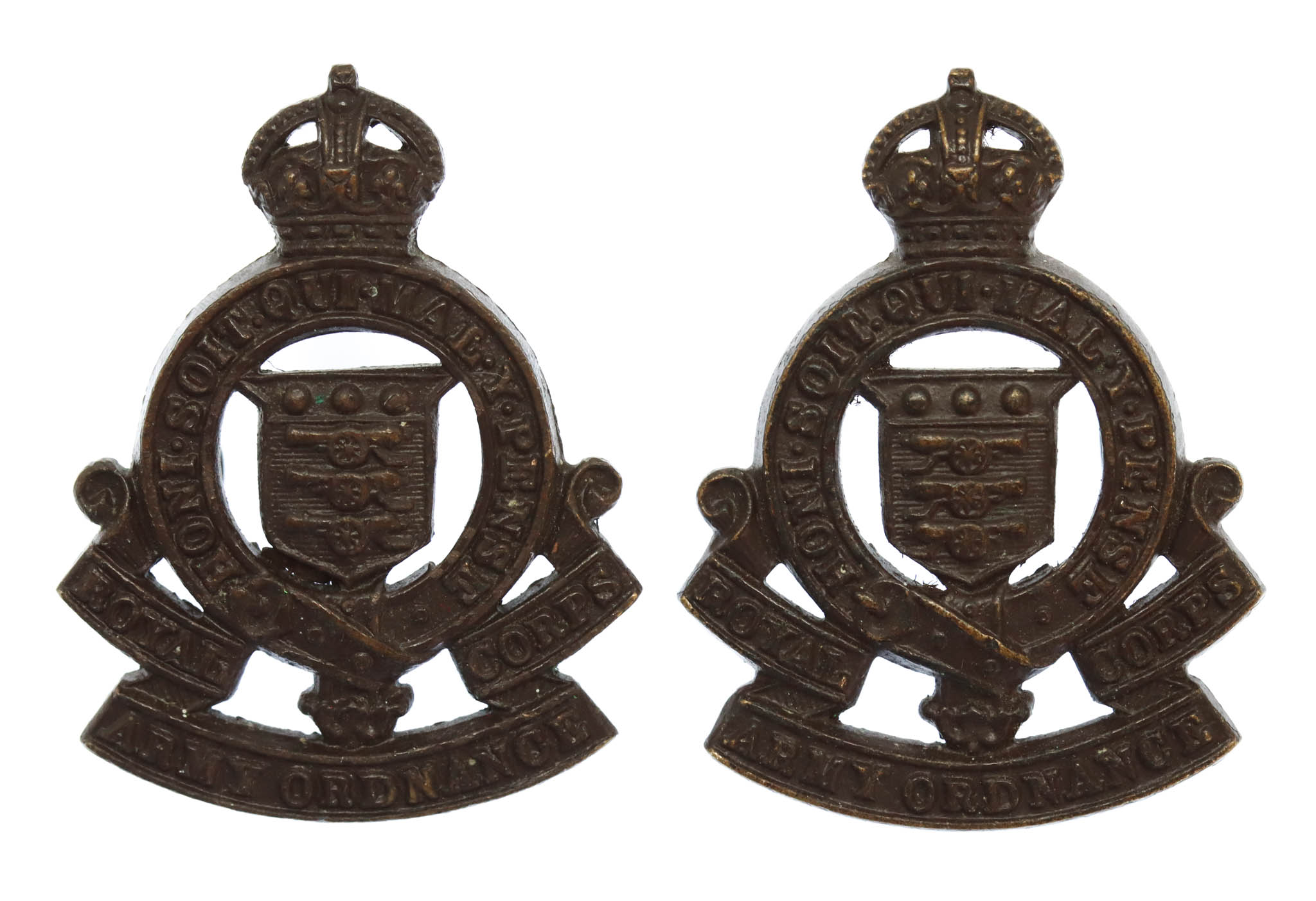Pair of Royal Army Ordnance Corps (R.A.O.C.) Officer's Service Dress Collar Badges - King's Crown