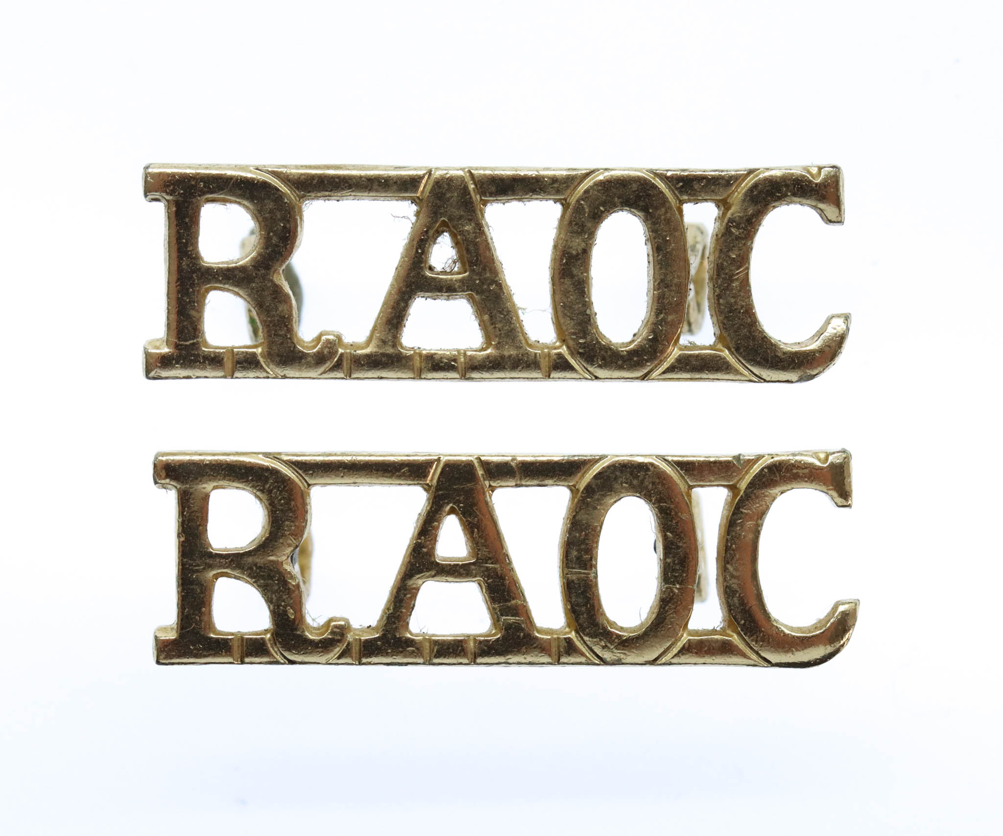 Pair of Royal Army Ordnance Corps (R.A.O.C.) Anodised (Staybrite) Shoulder Titles