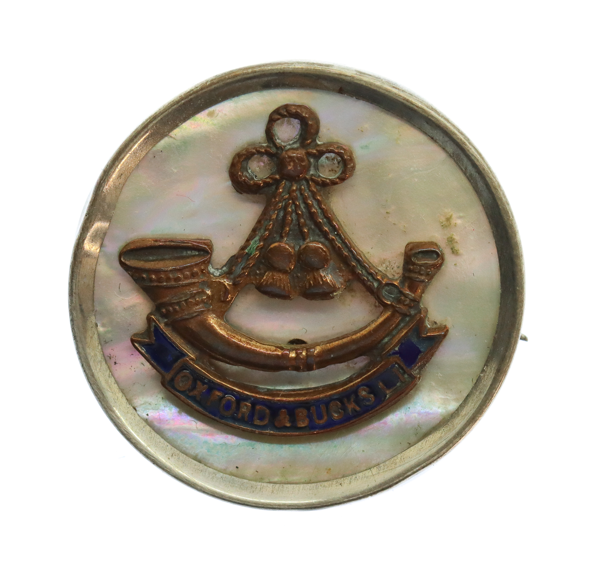Oxfordshire & Buckinghamshire Light Infantry Mother of Pearl & Silver Rim Sweetheart Brooch