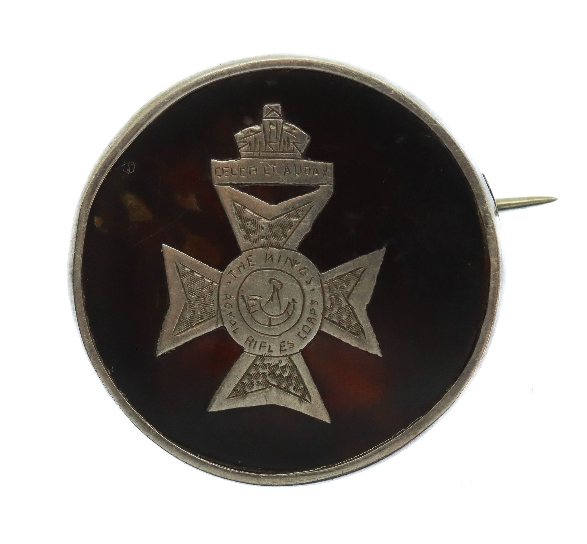 WW1 King's Royal Rifle Corps (K.R.R.C.) 1916 Hallmarked Silver & Tortoiseshell Sweetheart Brooch