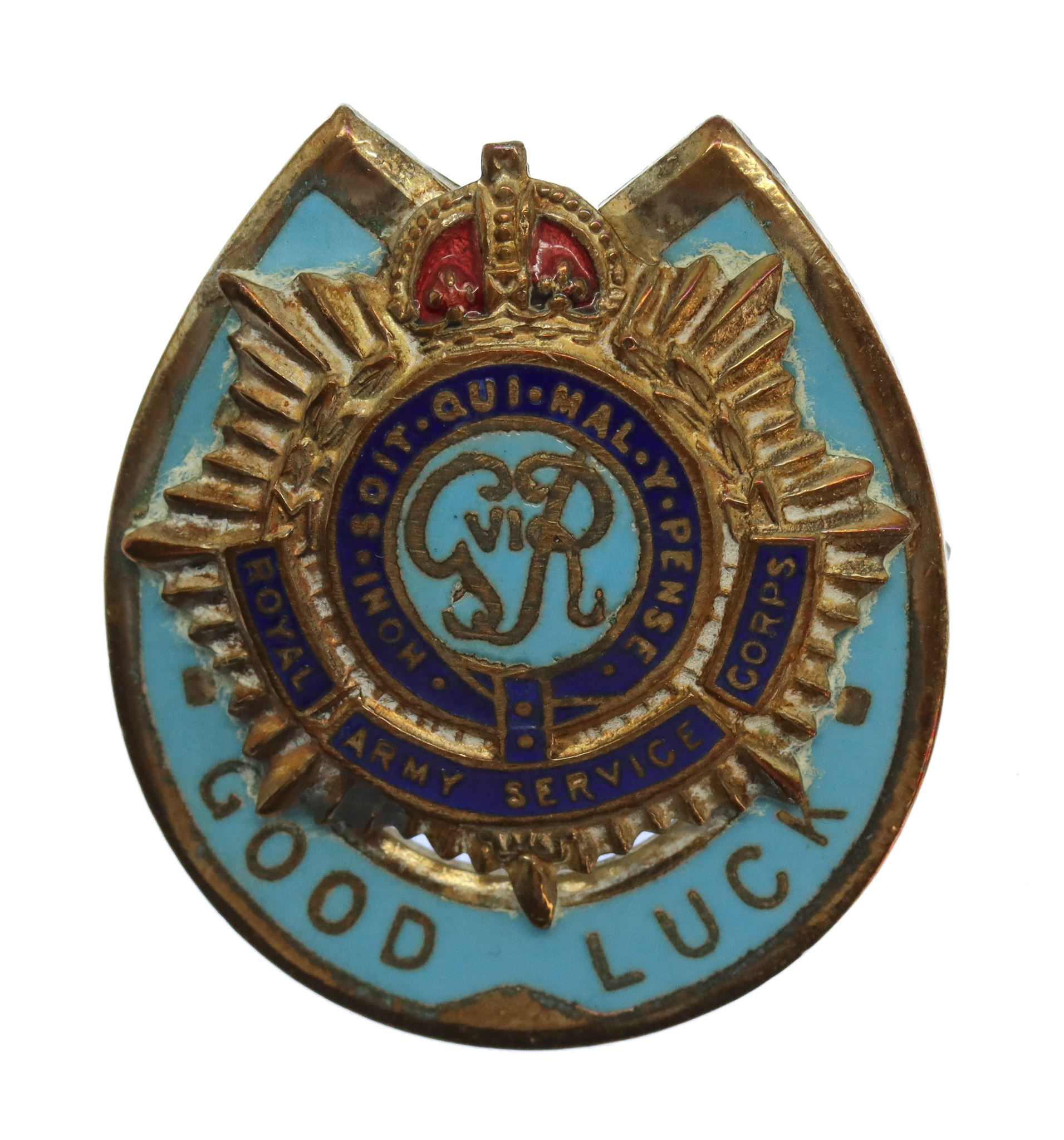 George VI Royal Army Service Corps (R.A.S.C.) Enamelled Good Luck Horseshoe Sweetheart Brooch