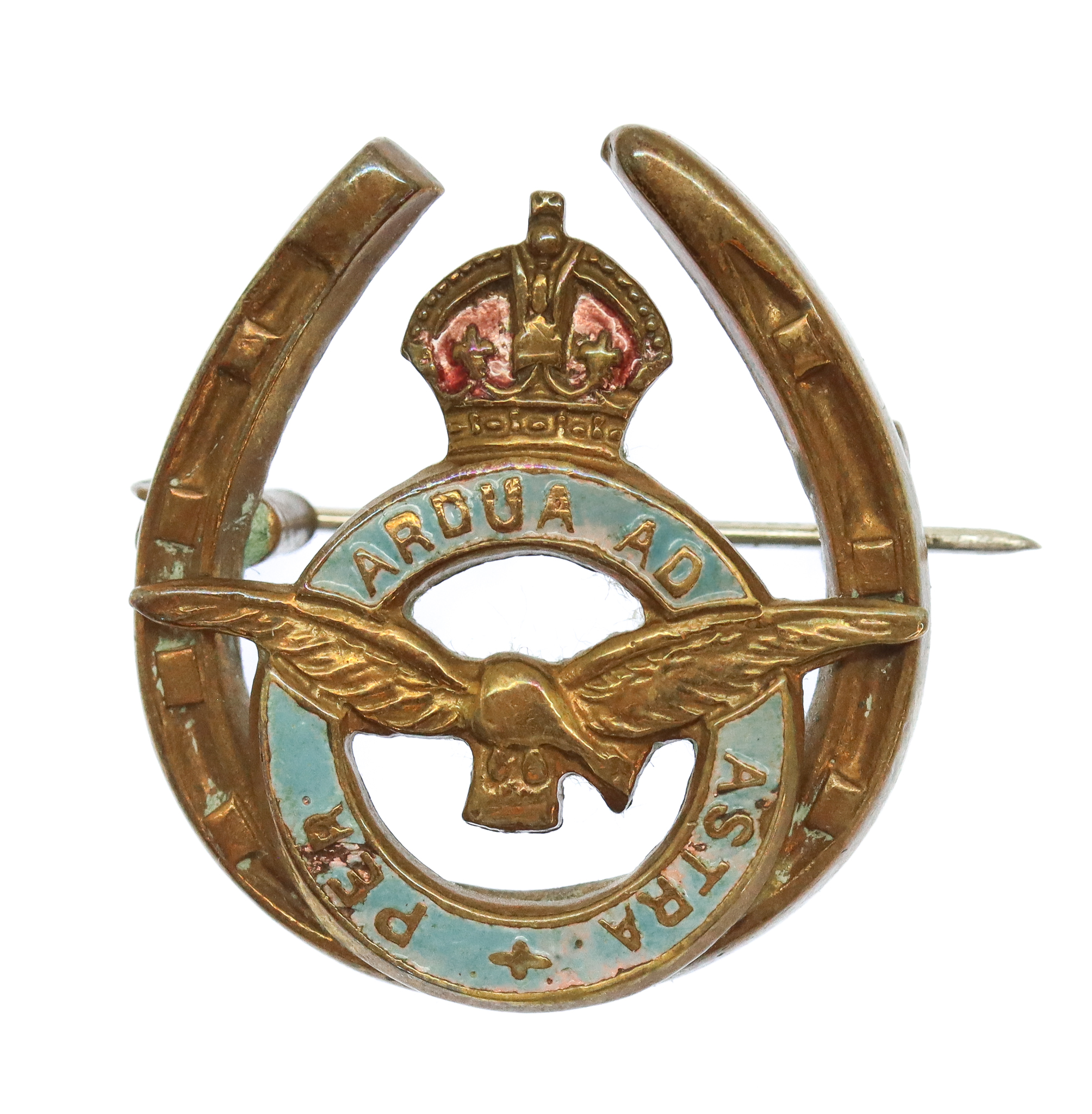 Royal Air Force (R.A.F.) Brass & Enamel Horseshoe Sweetheart Brooch - King's Crown