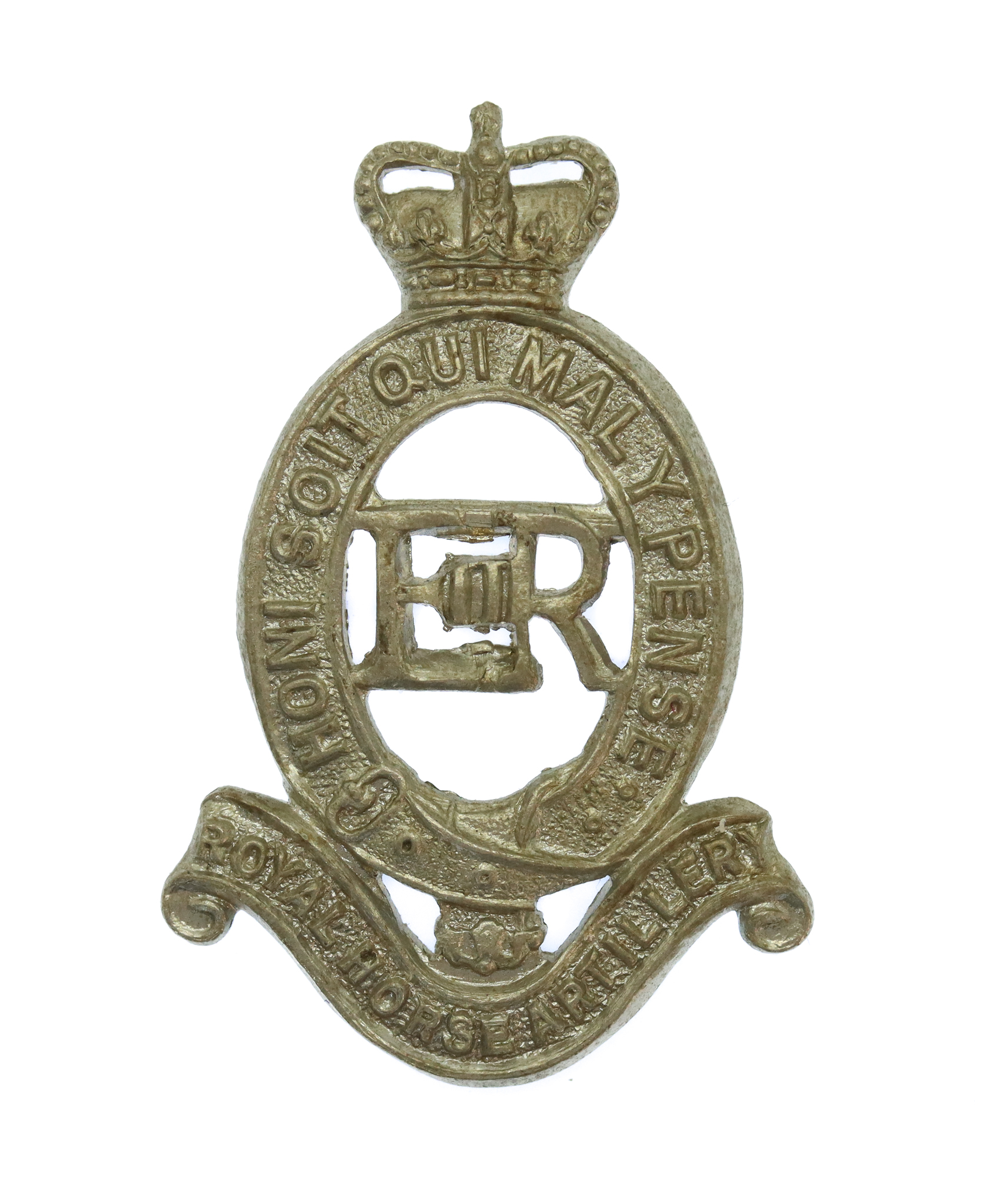 Royal Horse Artillery (R.H.A.) White Metal Cap Badge - Queen's Crown