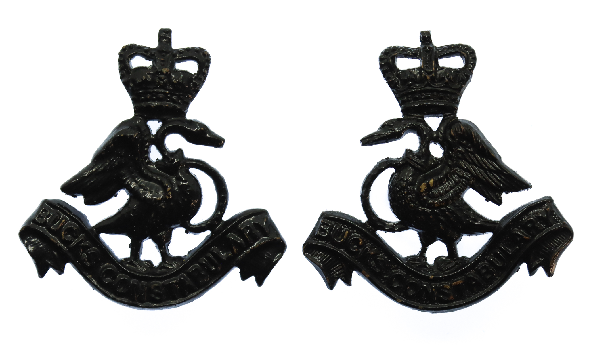 Pair of Buckinghamshire Constabulary Blackened Brass Collar Badges - Queen's Crown